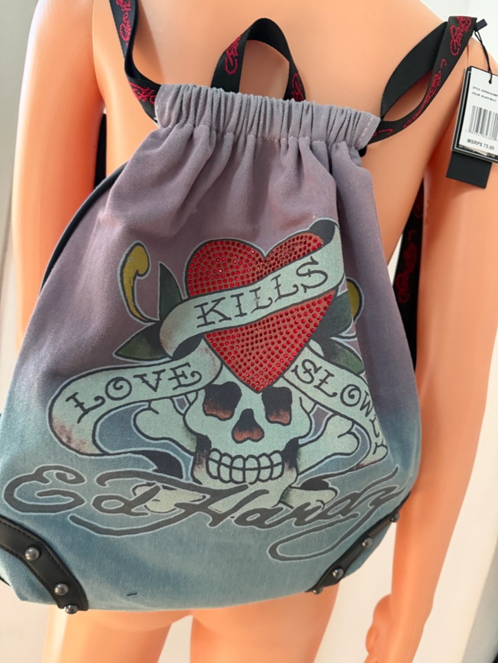 Ed Hardy Skull Heart Rhinestone Drawstring Backpack NWT - Picture 3 of 8